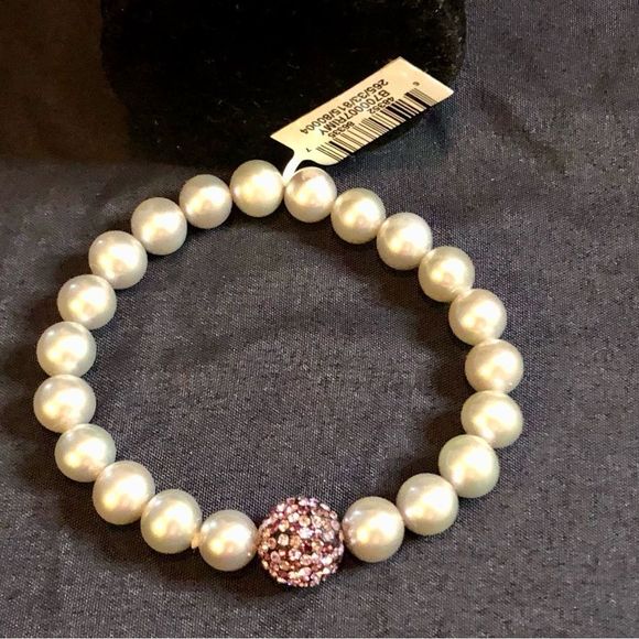 NWT cultured Pearl 8 mm, elastic, light gray w/ purple/pink crystals - Picture 3 of 5